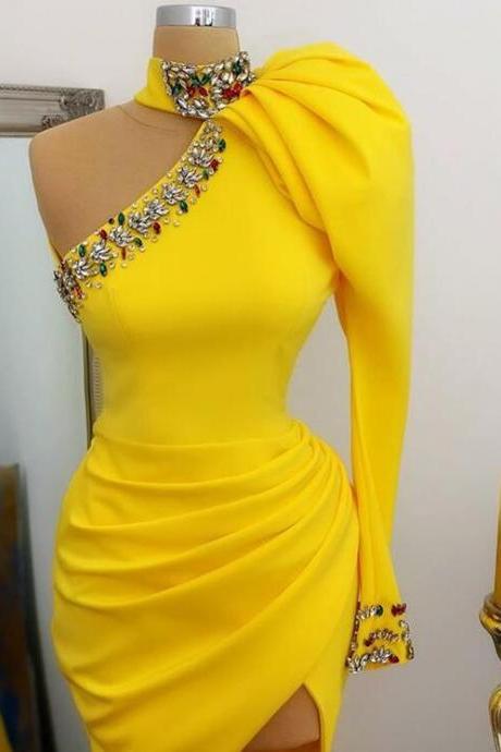 Sexy One Shoulder Yellow Long Evening Dresses for Party