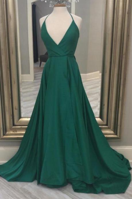 A Line V Neck Dark Green Prom Dresses Long Evening Gowns