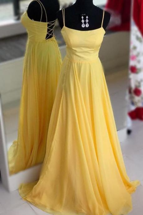 Yellow Scoop Neckline Long Chiffon Prom Dress With Tie Back