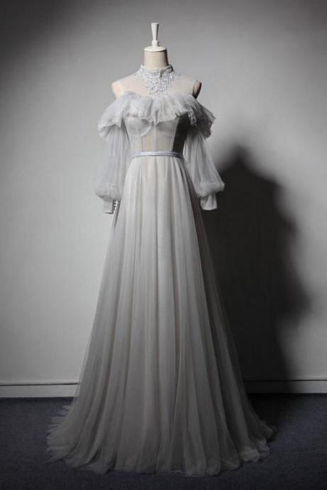 Sexy Floor Length Party Dress, Long-sleeved Light Grey Tulle Dress
