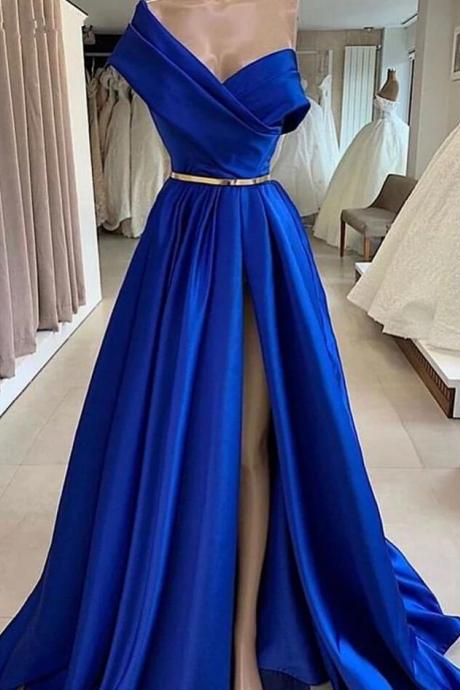 A Line One Shoulder Royal Blue Long Evening Dresses With Slit