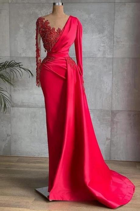 A Line Red Satin Dubai Evening Dresses Long Sleeves Sheer Neck Beads Prom Dress