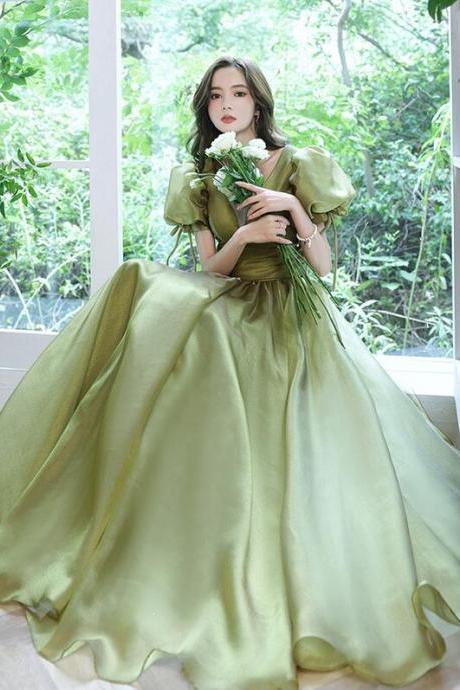 Princess Puff Sleeve Prom Avocado Green Tulle Long Dress