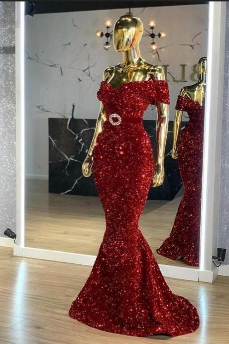 Sexy Burgundy Sparkly Evening Dress Off The Shoulder Sequin Prom Dress