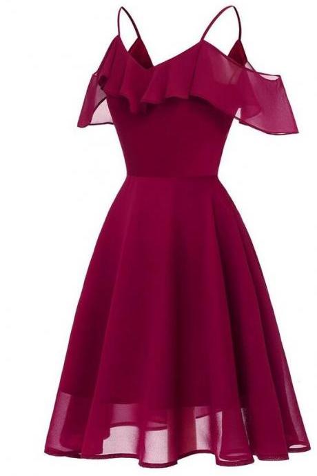 Off-the-shoulder A-line Spaghetti Strap Burgundy Homecoming Dress