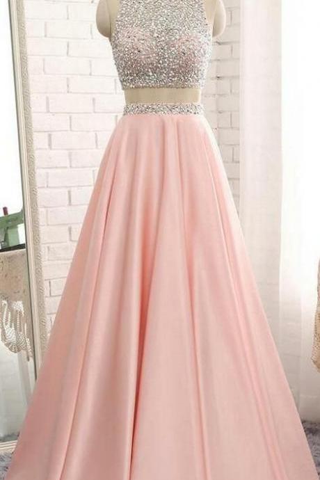 Two Pieces Satin Beadings Long Pink Prom Dress