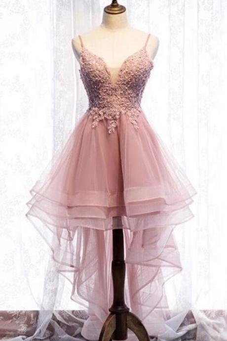 A Line High Low Pink Homecoming Dress