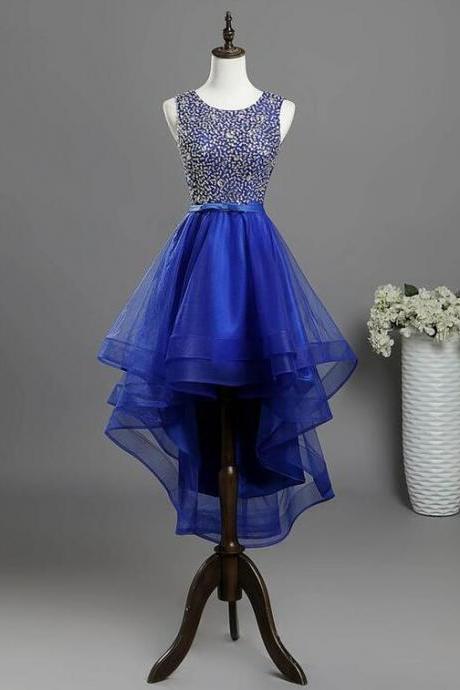Royal blue tulle high low sequins homecoming dress 