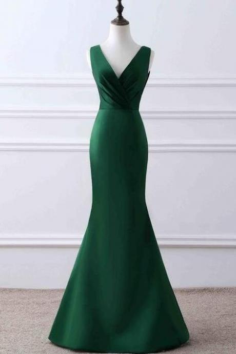 A Line Green Matte Satin V-neck Evening Dress