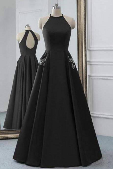 A Line Black Satin Open Back Prom Dress, Evening Dress