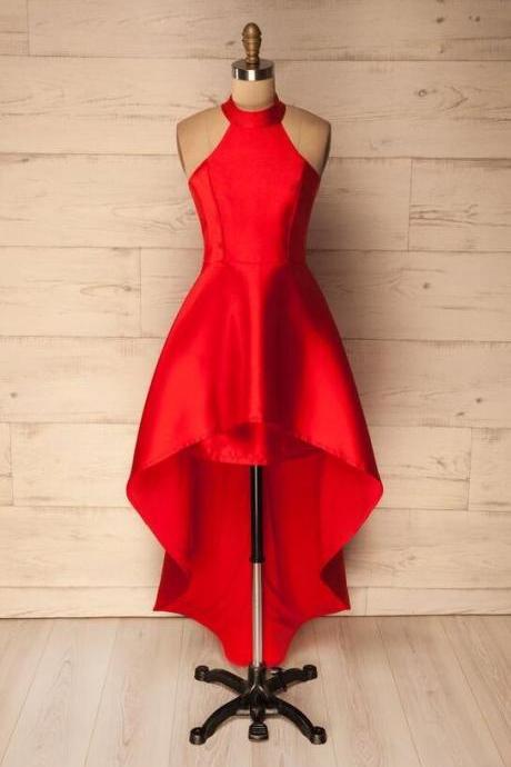 Simple High Low Red Satin Prom Dress