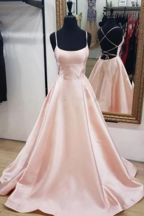 A-line Pink Long Prom Dress With Cross Back