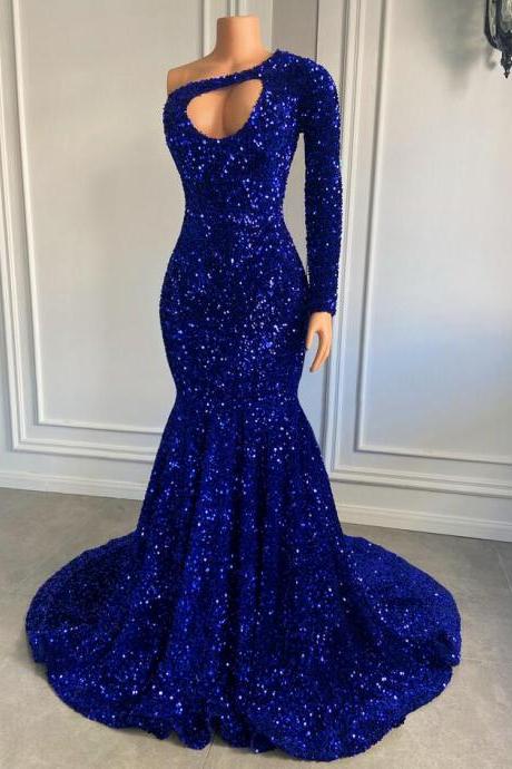 Sparkly One Shoulder Royal Blue Sequin Mermaid Style Prom Dress