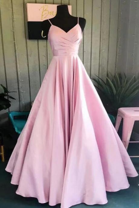 Spaghetti Straps Pink Satin A Line Long Senior Prom Dress
