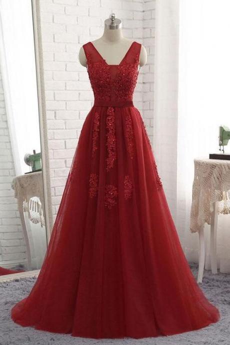 A-line Party Dress Long Tulle Prom Dress,red V-neck Sleeveless Evening Dress