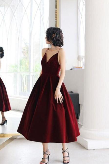 Dark Red Velvet Backless Straps Short Prom Dresses