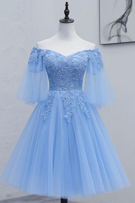 Off Shoulder Light Blue With Lace Homecoming Dresses