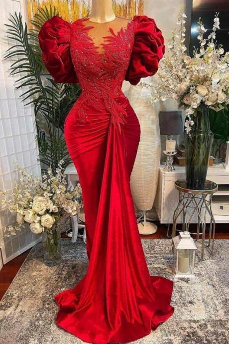 Sheer Neck Luxury Red Mermaid Prom Dresses Lace Beaded Velvet Evening Dress
