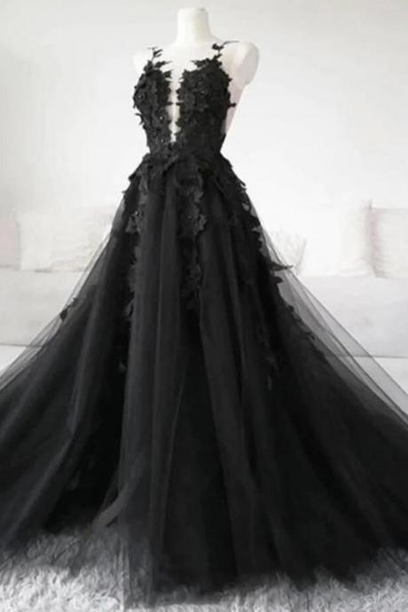 A Line Black Tulle Lace Formal Evening Dresses