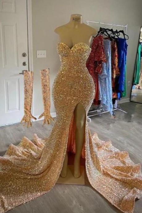 Mermaid Prom Dress Sequins Long Black Girl Prom Dresses With Split