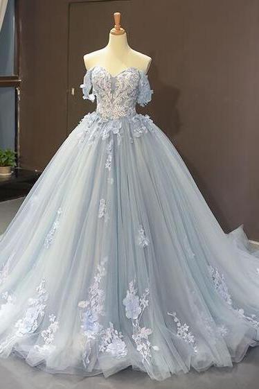 Elegant Off Shoulder Blue Prom Dress With 3d Flowers