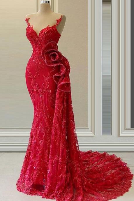 Spaghetti Strap Red Modest Prom Dresses, Lace Applique Evening Dress