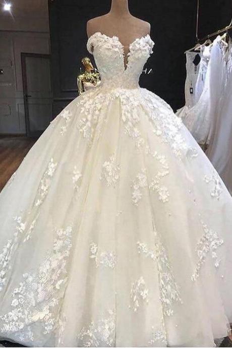 Off Shoulder Princess Wedding Dresses, Lace Applique Bridal Gown