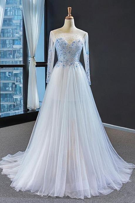 Light Blue Tulle Prom Dresses With Long Sleeve