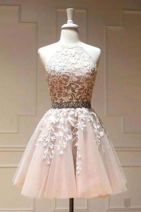 Halter Champagne Short Prom Dresses With Lace Applique