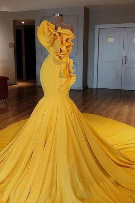 Mermaid One Shoulder Yellow Prom Dresses