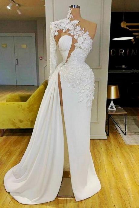 One shoulder high neck white evening dresses with lace