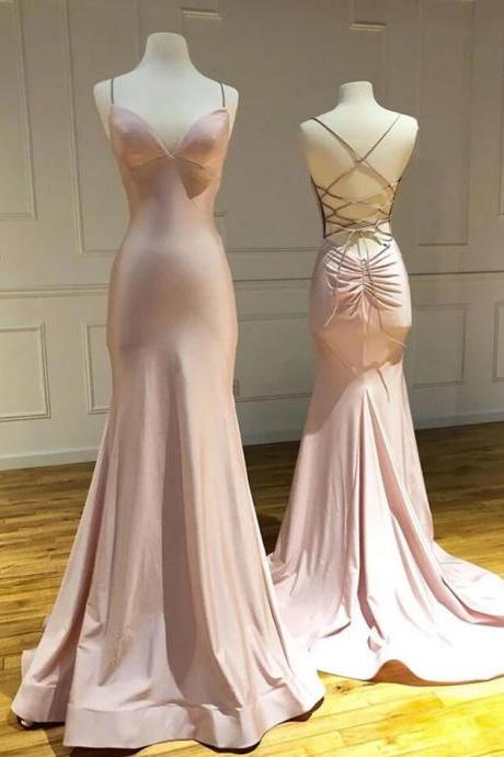 Simple Mermaid Backless Pink Prom Dresses