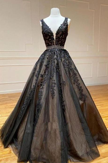 A Line V Neck Prom Dress With Black Lace
