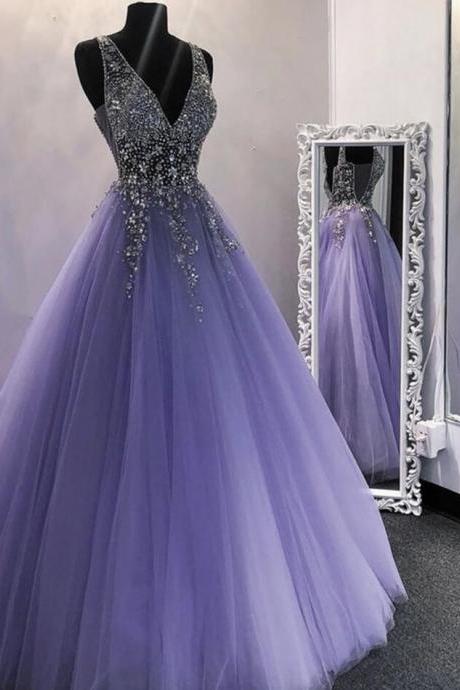 Deep V Neck Purple Lavender Prom Dresses With Beading