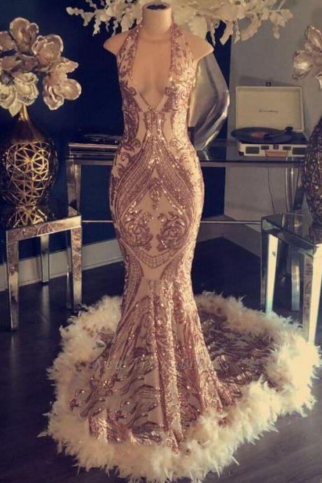 Elegant Halter Rose Gold Mermaid Evening Dresses