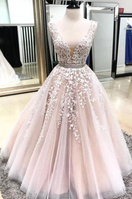Elegant Deep V Neck Pink Lace Prom Dress