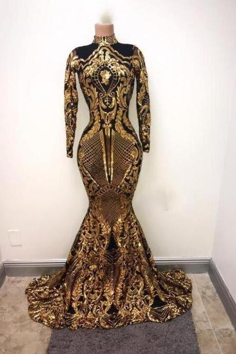 Sparkly High Neck Black And Gold Sequin Prom Evening Dress