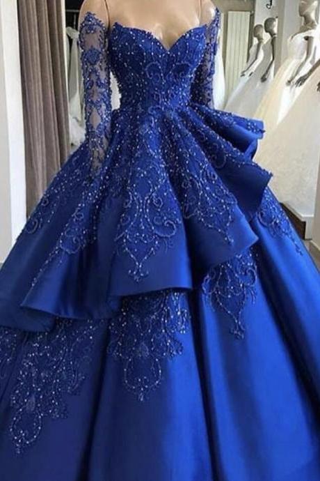 Ball Gown Royal Blue Lace Applique Prom Dress Beaded Prom Dress