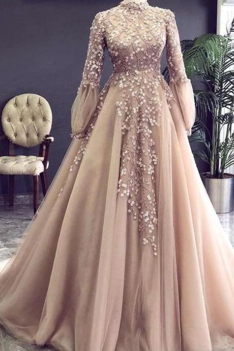 High Neck Vintage Champagne Prom Dress Long Sleeves