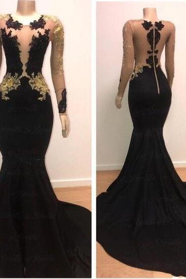 Elegant Gold Lace Applique Black Evening Dress Long Sleeves
