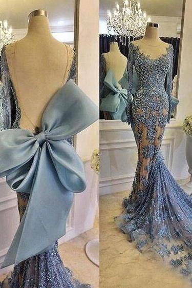 Modest Dusty Blue Round Neck Lace Evening Dresses