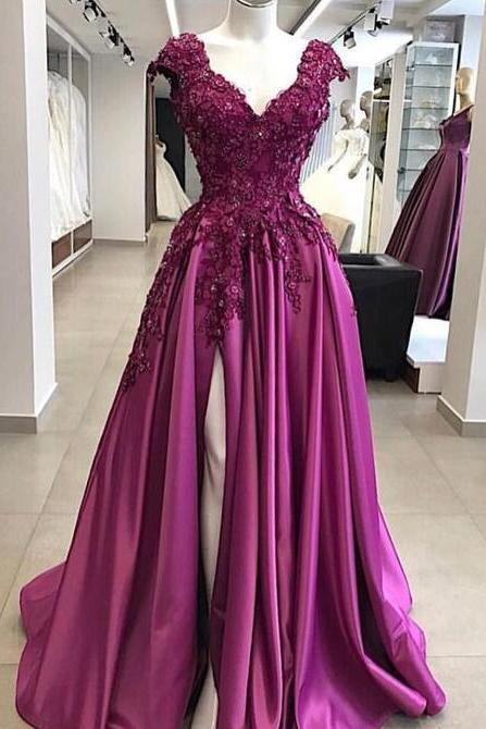 A Line Purple Fuchsia Cap Sleeve Prom Dress