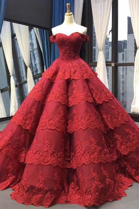 Off Shoulder Wine Red Ball Gown Wedding Dress With Lace Applique