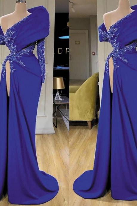 Elegant Modest Royal Blue Lace Evening Dresses