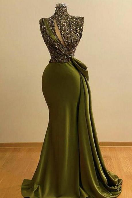 Sparkly High Neck Green Evening Dresses