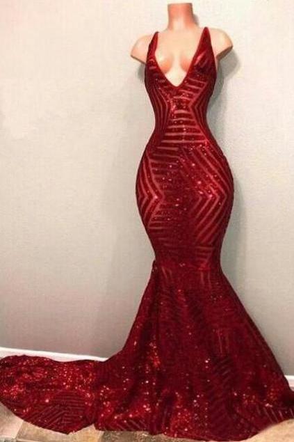 Mermaid Burgundy Sequin Evening Formal Dress