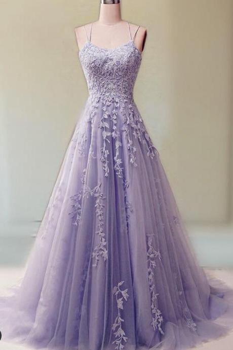 A Line Lavende Lace Applique Prom Dress