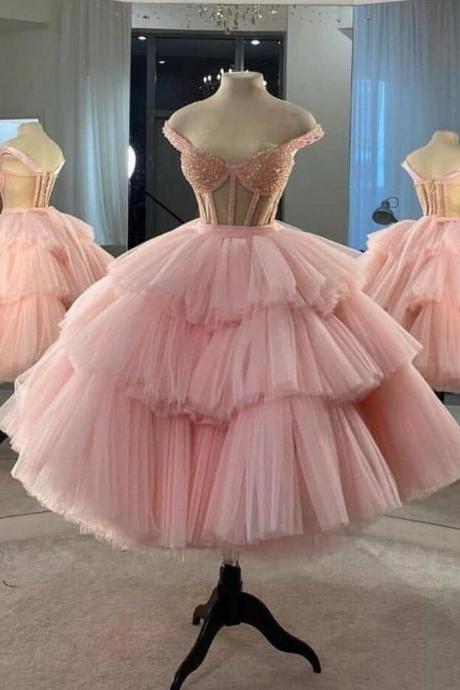Ball Gown Pink Tulle Prom Dresses
