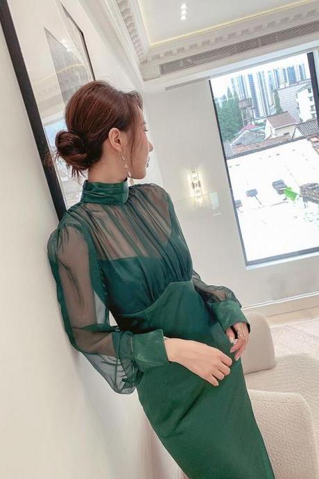 Sexy Long Sleeve Green Evening Dress