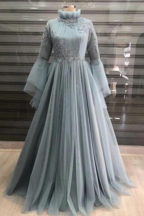 Vintage High Neck Silver Prom Dress With Long Sleeves
